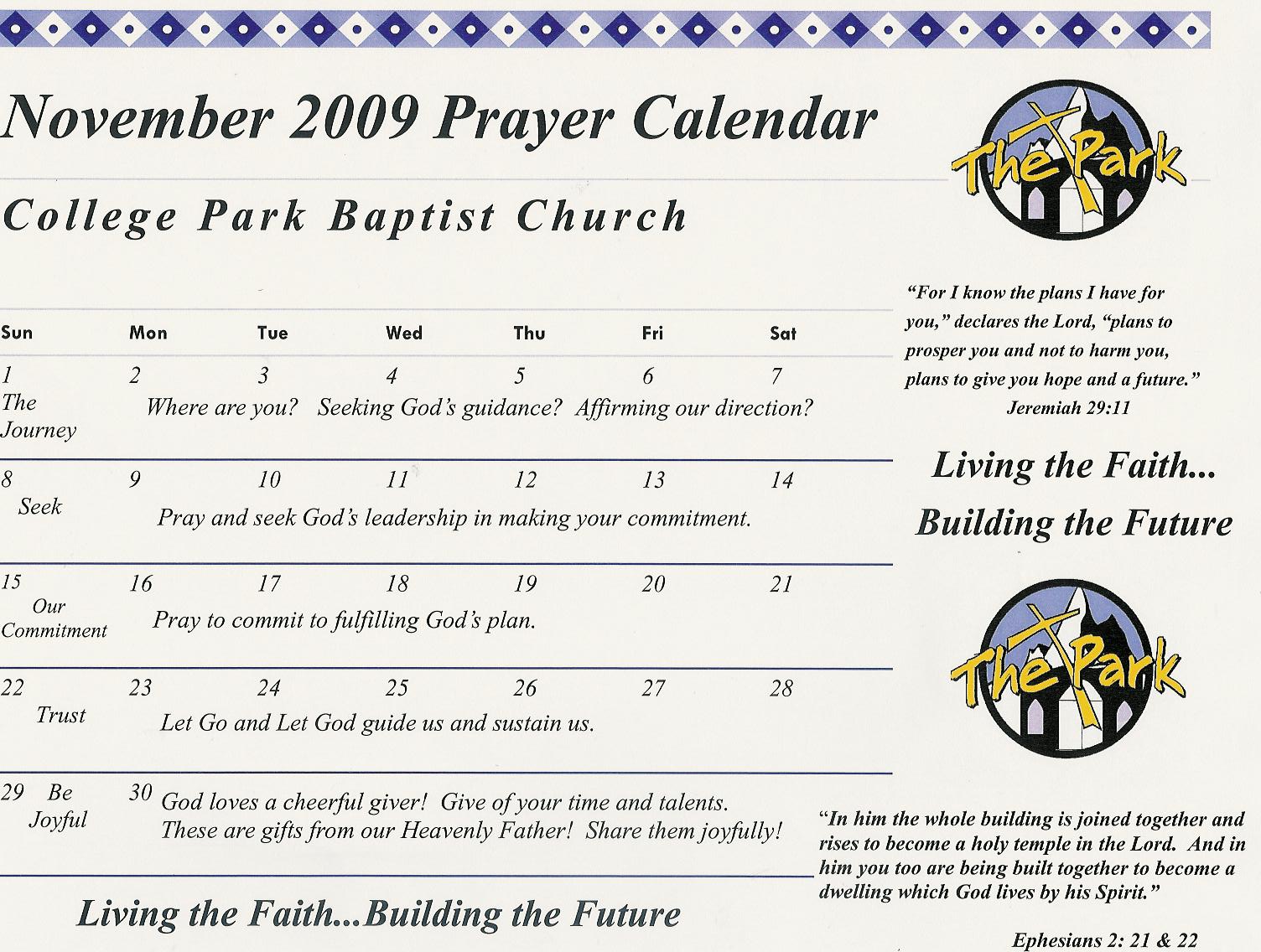 November Prayer Calendar -- Living the Faith...Building the Future